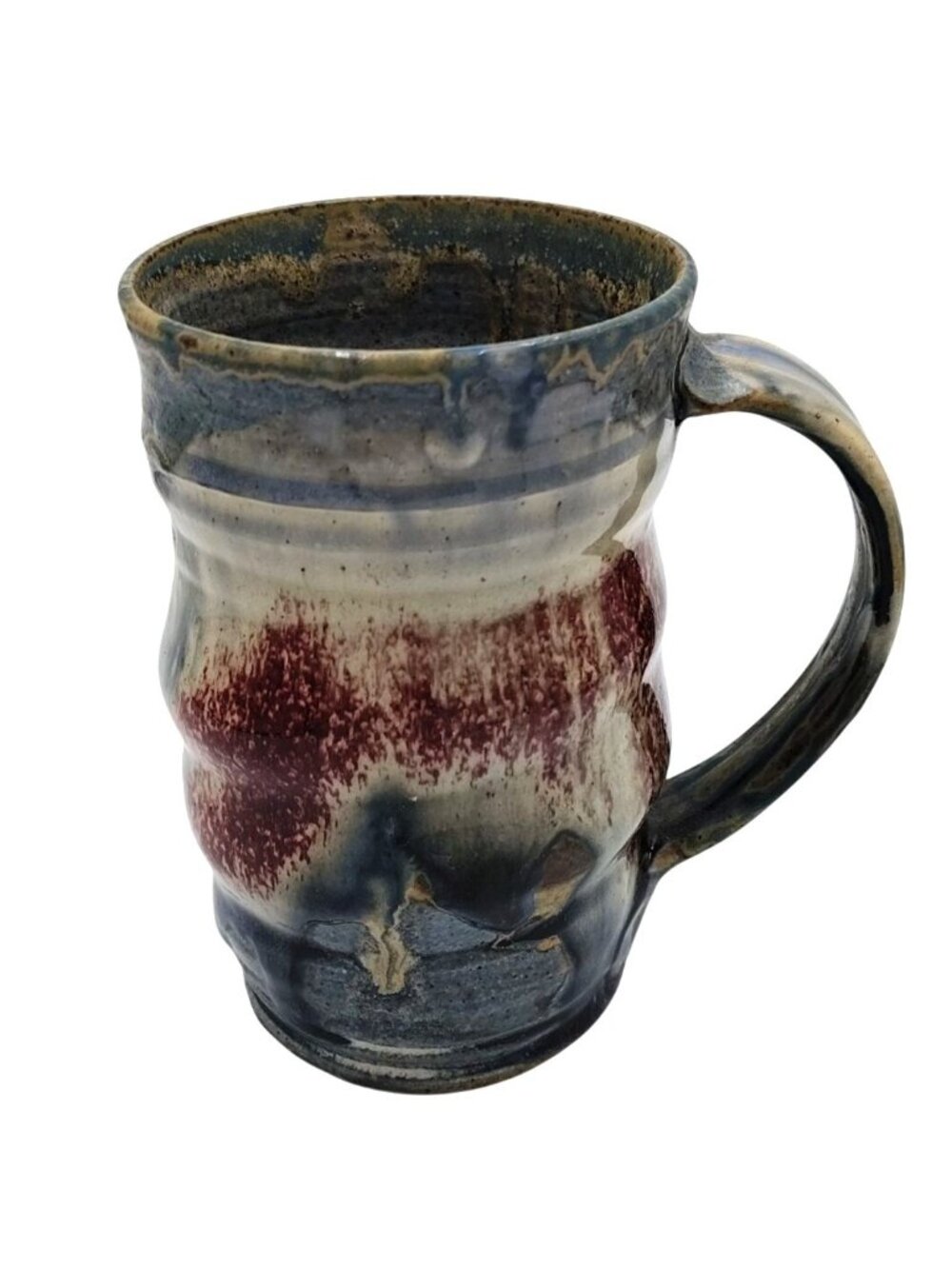 Drip Glaze Mug Blue Cream Rust Handmade Studio Pottery Signed Artisan Ceramic
